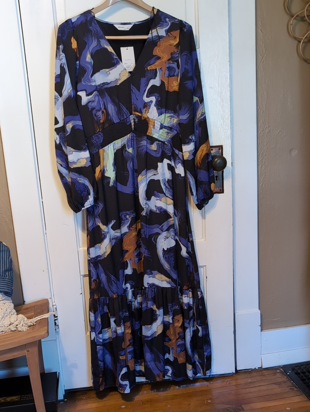 Nine West Abstract Print Long Sleeve Maxi Dress in Black and Blue Size Large L